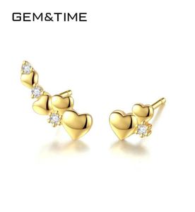 Gemtime 925 STERLING Gümüş Saplama Küpe Sevimli Kalp 18k Altın KAPALI KADAR KAPLAMA BRINCOS Bijoux Femme SE0324391123