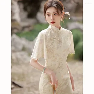 Etnik Giyim Çin Cheongsam Qipao Geleneksel 2024 Geliştirilmiş Kızların Yaz Zarif Çiçek Genç Uzun Stil Modern Elbise