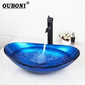 Banyo Lavabo muslukları oumoni mavi cam musluk mikseri yuvarlak musluk banyo seti sanat havzası el-boya vanity küre