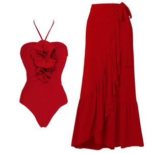 2024 Seksi 3d çiçek bikini seti kırmızı fırfır yüksek bel mayo elbise yular elbise plaj etek Brezilya biquini mayo kadınları 240321