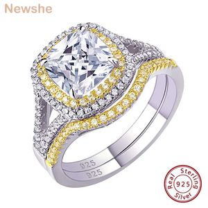 SHE 925 Gümüş Takı Nişan Yüzükleri Halo Sarı Altın Düğün Bandı Gelin Seti Kadınlar İçin 1.8Ct Yastık Kesme AAAAA CZ 240320