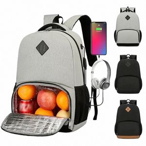 busin Zaino per computer con porta di ricarica USB Borsa da uomo con borsa da pranzo isolata Zaino impermeabile da viaggio all'aperto K78C #