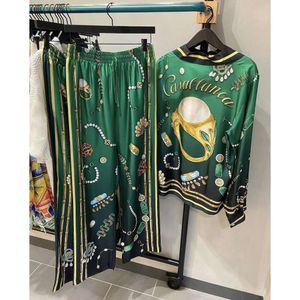 24ss Kazablanka Yeşil İpek Setleri Takı Baskılı Hawaii Uzun Kollu Gömlek İpek Gevşek Pantolon Kazablan