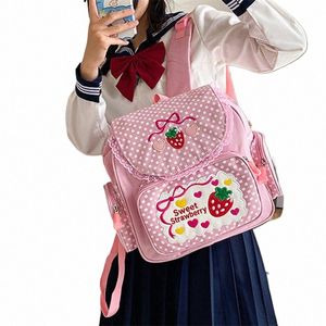 Kawaii Детская школьная сумка Симпатичная клубничная вышивка Студенческая Mochila Dots с несколькими карманами Nyl Fi College для девочек-подростков 60lA #