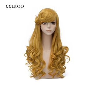 Парики ccutoo 30 дюймов, золотые длинные волнистые стили с челкой, синтетические волосы, принцесса Аврора, женский костюм для косплея, парики для вечеринки на Хэллоуин