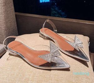 Tasarımcı -Rhinestone Yay Düz Ayakkabıları Sivri PVC Şeffaf Kristal Topuk Sandalet Peri Tarzı