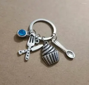 Anahtarlıklar 1 adet/lot kek bıçak çatal ve kaşık anahtar için anahtar çanta cazibesi anahtar yüzük çanta çift zincirleri mücevher