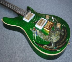 Paul Özel Stok Dragon 2000 Yeşil Alev Akçaağaç Üst Elektro Gitar Abalone Kuşları Kilitle Kilitleme Tremolo Köprü Ahşap Vücut 4047976
