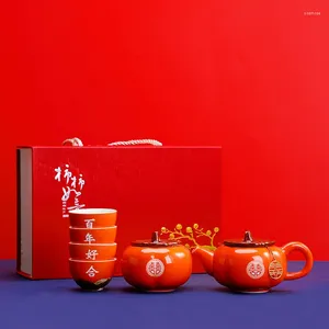 Teware setleri Çin düğün persimmon seti seramik çay porselen turuncu çaydanlık kupası yaratıcı tören