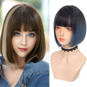 Peruk sentetik kısa düz siyah ve mavi twotone peruk kulaklıkları kadın cosplay için yüksek kaliteli heatressitant peruk