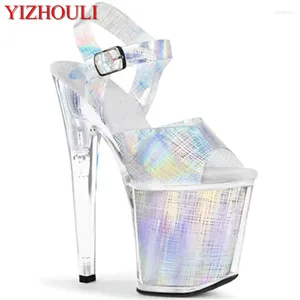 Танцевальная обувь, летние сандалии 8 дюймов, волшебный материал, меняющий цвет, подошва с кристаллами вамп, модель для вечеринки, туфли на высоком каблуке 20 см для танцев