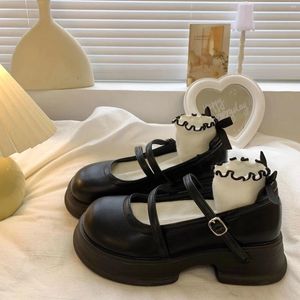 Sapatos casuais de couro mary jane feminino estilo japonês lolita dedo do pé redondo alto na plataforma calçado feminino preto gótico vulcanizado para um h