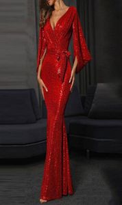Derin v Boyun Pleats ile ışıltılı payetli kırmızı gece elbiseler uzun kollu denizkızı balo elbisesi Dubai Afrika Partisi elbisesi Arapça bile 6296905