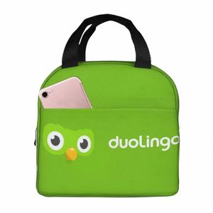 Duolingo Owl Duo 1 Изолированные сумки для обеда Водонепроницаемые сумки для пикника Термальный холодильник Ланч-бокс Сумка для обеда для женщин Работа Детская школа l3Oz #