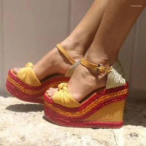 Elbise ayakkabıları moda örgü örgü espadrille kama sandal sarı bez düğüm açık ayak parmağı toka kayış platform yaz gündelik altın