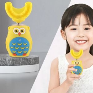 Heads Q1QD Kids Elektrikli Ultrasonik Diş Fırçası U şekilli çizgi film baykuş şarj edilebilir akıllı ses silikon otomatik diş temizleyici