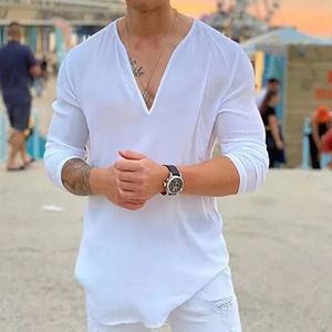 Adam tişört yaz hipster pamuk tişörtleri alçak kesim derin v boyun rahat tişört tişört üstleri erkek uzun kollu gündelik kazak 240320