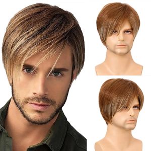 Peruklar ouceey sentetik saç erkekler peruk pürüzsüz doğal peruklar erkekler için düz saç sentetik peruk erkek yüksek kaliteli kahverengi peruklar erkek