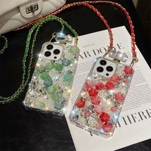 İPhone 15 Pro Max için lüks parıltılı telefon kılıfları 14 12 11 13 PRO Moda Tasarımcısı Gül Çiçek Bling Köpüklü Rhinestone Elmas Jeweled 3D Kristal Arka Kapak