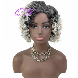 Peruklar sentetik kıvırcık peruk ile patlama gri karışık beyaz kısa afro kadın yan parça saç çizgisi moda saç stili peruk