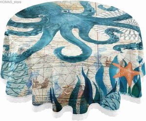Masa bezi vintage ahtapot deniz kabuğu denizyıldızı yuvarlak masa örtüsü plaj masası kapağı dantel yıkanabilir polyester 60 yemek dekoru için Tatil Partisi Y240401