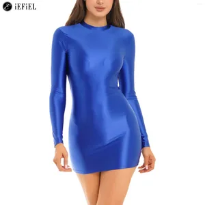 Sıradan elbiseler kadınlar seksi bodycon yağ parlak parlak uzun kollu ince fit mini kalem elbise gece kulübü çubuk çılgın parti babes clubwear