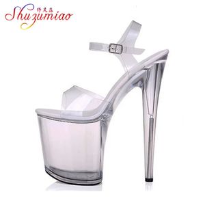 Çelik Tüp Dans Sandalet Kadın Kalite Ultra Yüksek Topuk 7-20 cm Şeffaf Kristal Lady Ayakkabı Model Podyum Büyük Yard 240420