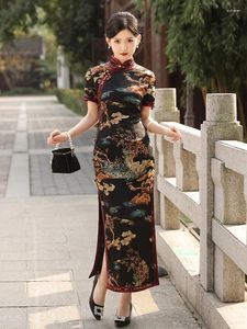 Etnik Giyim Yaz Kadınlar Yakalama Uzun Qipao Moda Retro Baskılı Saten Çin Cheongsam Elbise