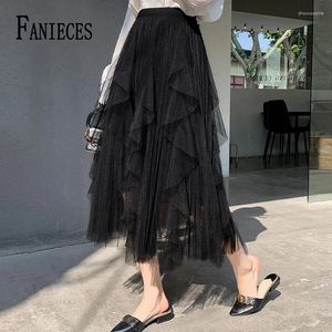 Fanieces de SKIRTS MULHERES ELEGENTE TULLE TULLE FOLUFY LONGA FAIRA Fada A-line Tutu Cake Tutu Cascading Ruffles Party Mesh