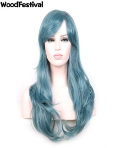 Woodfestival Rozen Maiden Wig Cosplay Blue Long Wavy Wigs Bangs Синтетические вьющиеся волосы теплостойкие волокна Fashion3665254