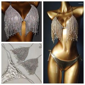 Kadın Mayo 2024 Pırlanta Tassel Bikini Gümüş Parlak Çığırya Seti Gece Kulübü Elbise İki Parça Performans Giyim