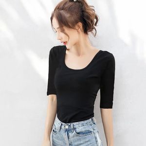 Повседневная черная белая футболка Midsleeve для женщин корейский тощий точки без спинки.