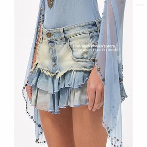 Etekler firmranch yaz yıkamalı mavi denim mini etek patchwork çok katmanlı gradyan şifon yarım elbise kadın a-line katmanlı etek kız