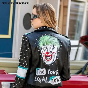 Kadınlar Deri İnce Fermuar Kırpılmış Motosiklet Ceketleri Kadınlar 2024 Street Giyim Punk Çivili Baskı Sahte Ceketleri Kadın XXXL