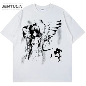 Harajuku Goth Erkek Japon Anime Tshirt Karikatür Angel Wings Grafik T-Shirt Hipster Giyim Pamuk Y2K Üst Sokak Giyim Tee 240430