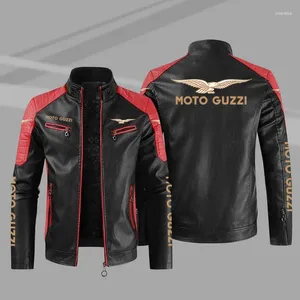 Erkek Ceketler Avrupa Boyutu PU High-End Deri Ceket Basılı Peluş Yalıtım Logosu Moto-Guzzi Motosiklet