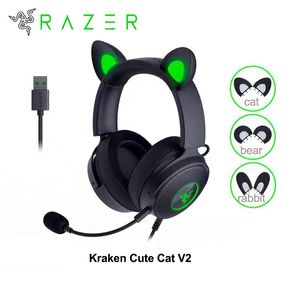 Razer Kraken Sevimli Kedi USB Kulaklıklar E-Sporlar Mikrofonlu Oyun Kulaklığı 7.1 Surround Sound RGB Aydınlatma PC PS4 Gürültü Engelleme Kulaklıkları
