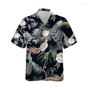 Erkekler sıradan gömlekler tavus kuşu 3d baskılı erkekler moda hawaii gömlek kısa kollu plaj erkekler tek göğüslü bluz giyim