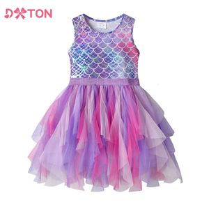 Dxton Yaz Kolsuz Elbiseler Kızlar İçin Düzensiz Tül Çocuklar Prenses Elbise Deniz Kızı Parti Toddler Çocuk Kostümleri 312y 240428