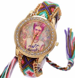 Rainbow Ceneva Watch Women Vintage Hippi Meksika Rhinestone Stil Dial Fridas Moda Bilekliği Dantel Zinciri Örgü Reloj8680160