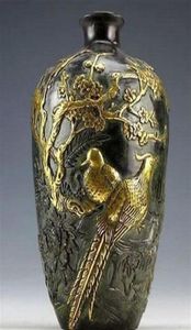 Bütün ucuz z Çin koleksiyonu bronz heykeller altın katlama çiçek kuş vazo pot 20cm214n6909712