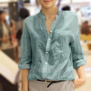 Kadın Bluzları 2024 Yaz düz renkli güneş geçirmez gömlek kadın sanat yedi dakikalık kol dikey gömlek gevşek ince stil pamuk keten bluz