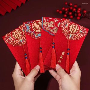 Hediye Sargısı 1/12 PCS Hong Bao Çin Düğün Kırmızı Zarflar Geleneksel Evlilik Nimet Torbaları Püsküllü Şanslı Para Hediyeleri Nakit Paketler