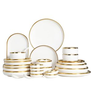 2024 Placas de porcelana brancas de bordas douradas Placas de jantar de alimentos Placas de salada Bowl Placas de cerâmica tigelas