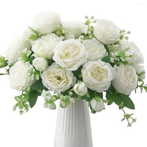 Dekoratif çiçekler 1pc yapay ipek gül şakayık küçük beyaz buket vazolar ev partisi kış düğün dekorasyon sahte bitki