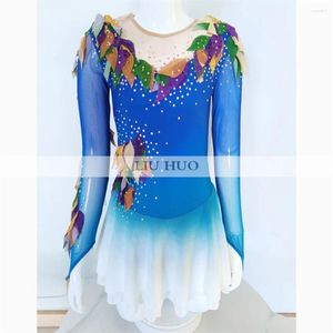 Sahne Giyim Liuhuo Buz Dance Figür Paten Elbise Kadın Yetişkin Kız Genç Özelleştir Kostüm Performans Rekabet Mavi Saç Takarı Silindir
