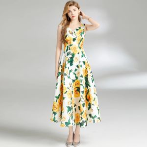Kadınlar Temel Günlük Elbiseler Yaz Sarı Gül Spagetti Kayışı Bohem Elbise Kadınlar V yaka kolsuz çiçek baskısı ince bel elbisesi uzun küpler 2024