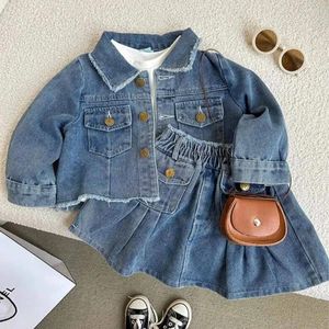 Giyim Setleri Mavi Denim Ceket 2 Parça Set Girl's 2024 Bahar Sonbahar Uzun Kollu Tek Göğüslü Yakıtlı Yakıt Elastik Kısa A-Line Etek