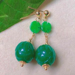 Dangle Küpeler Moda Doğal Yeşil Yuvarlak Jadeite Jade Clover Altın Kulak Saplama Taş Gündelik Gümüş Bohem Erkekler Avize Drop