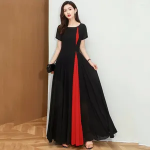 Parti Elbiseleri Kadın Siyah Kırmızı Patchwork Şifon Elbise Yaz Moda Kontrast Renk O yaka Kısa Kollu Şık Benzersiz İnce Bel Uzun